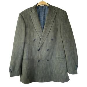 Paul Frederick Herringbone Double Breasted Sport Coat Blazer Men 40L Green Navy